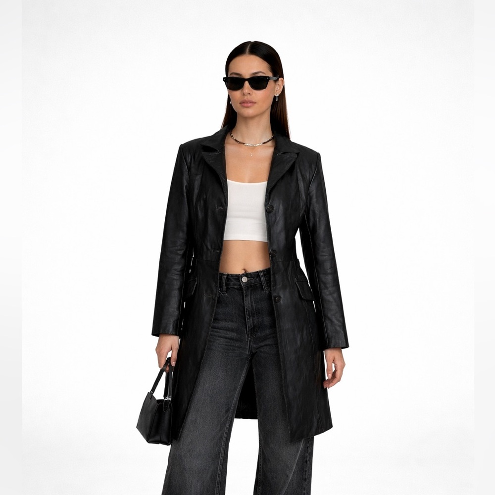 VINTAGE - Black Genuine Leather Coat | Tailored Minimalist 2000s Style